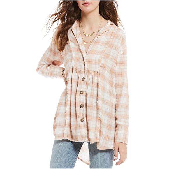 Free People All About the Feels Rose Pink Plaid Button Down Wool Blend Tunic Top - Picture 1 of 13